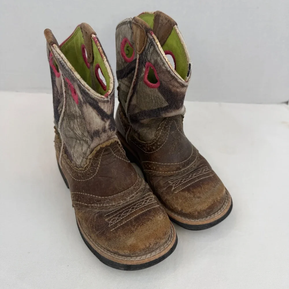 Ariat Kids Fatbaby Camo Western Boots Brown Leather Pink Trim Size 11.5